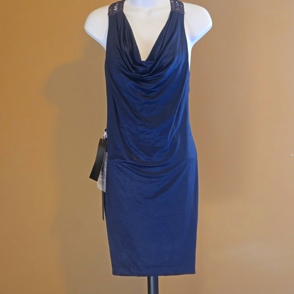 Bebe Navy Blue XS beaded and crochet sexy cowl dress. Classy & Sexy NWT